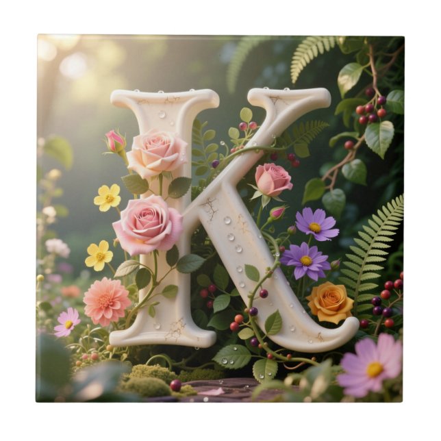 Azulejo White Floral Garden Monogram Letter K (Frente)