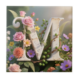 Azulejo White Floral Garden Monogram Letter M