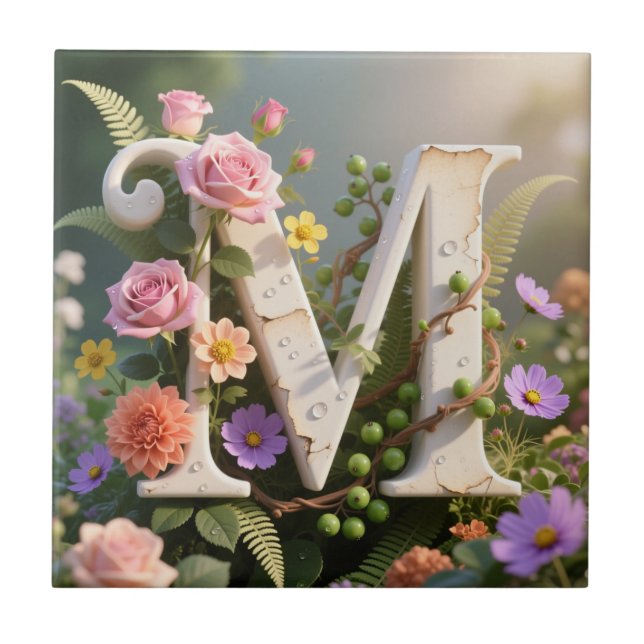 Azulejo White Floral Garden Monogram Letter M (Frente)