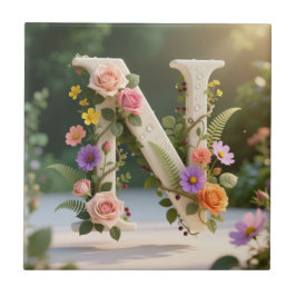 Azulejo White Floral Garden Monogram Letter N