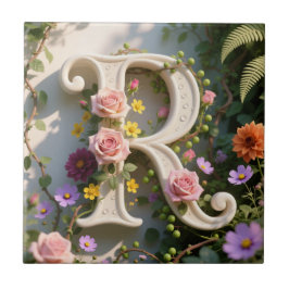Azulejo White Floral Garden Monogram Letter R