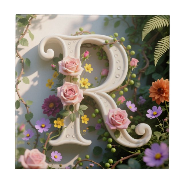 Azulejo White Floral Garden Monogram Letter R (Frente)