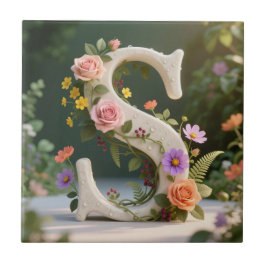 Azulejo White Floral Garden Monogram Letter S