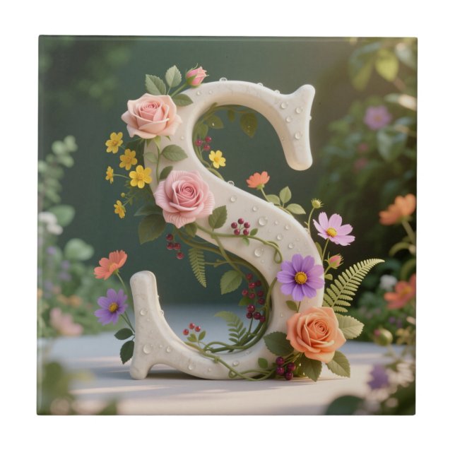 Azulejo White Floral Garden Monogram Letter S (Frente)