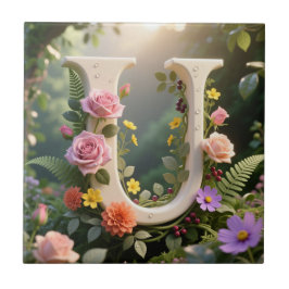 Azulejo White Floral Garden Monogram Letter U