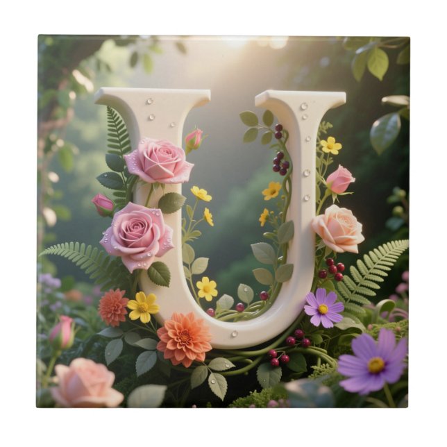 Azulejo White Floral Garden Monogram Letter U (Frente)