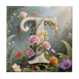 Azulejo White Floral Marble Monogram Letter T