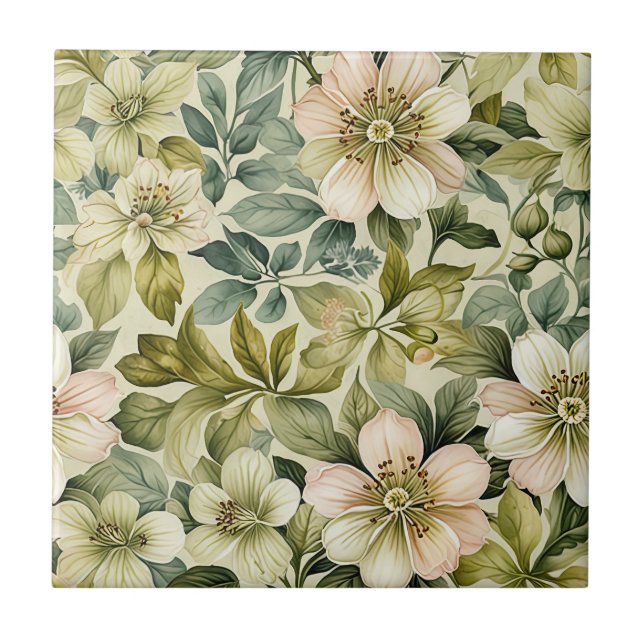 Azulejo White Roses and Sage Seamless (Frente)