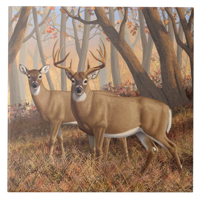 Azulejo Whitetail Deer Buck & Doe Otumn Maple Woods (Frente)