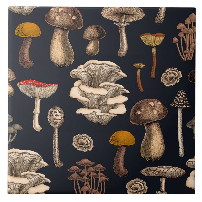 Azulejo Wild Mushrooms  on graphite black (Frente)