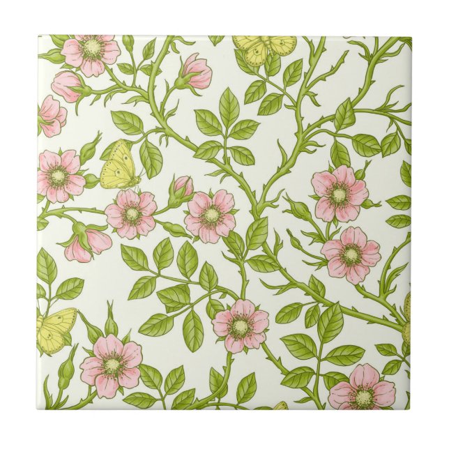 Azulejo Wild roses and butterflies /pink/pale green/yellow (Frente)