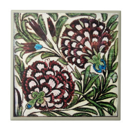 Azulejo William * De Morgan Flores Moradas Hojas Verdes