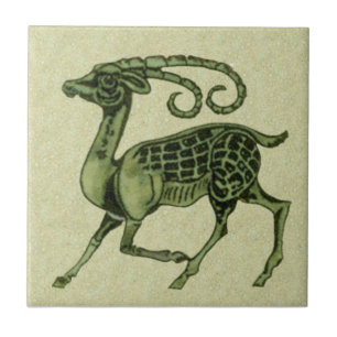 Azulejo William De Morgan Green Antelope Repro Tile