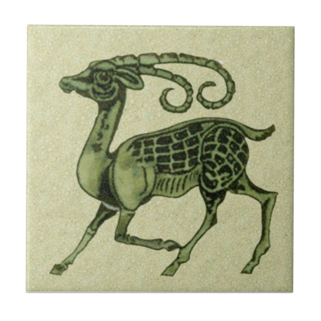 Azulejo William De Morgan Green Antelope Repro Tile (Frente)
