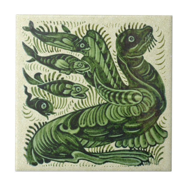 Azulejo WIlliam De Morgan Mar Verde León Pescado Cerámica  (Frente)