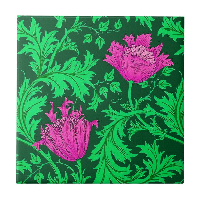 Azulejo William Morris Anemone, Emerald Green y Fuchsia (Frente)