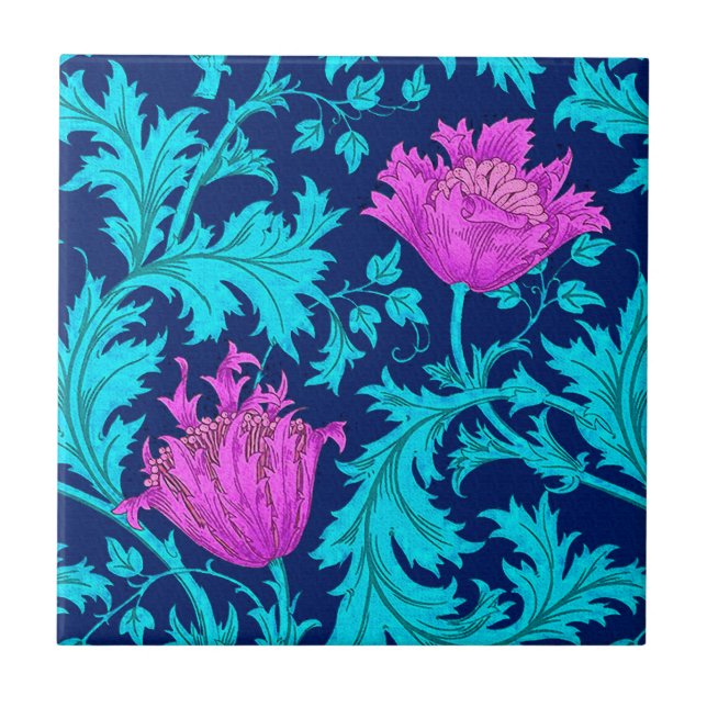 Azulejo William Morris Anemone, Marina, Turquesa y Magenta (Frente)
