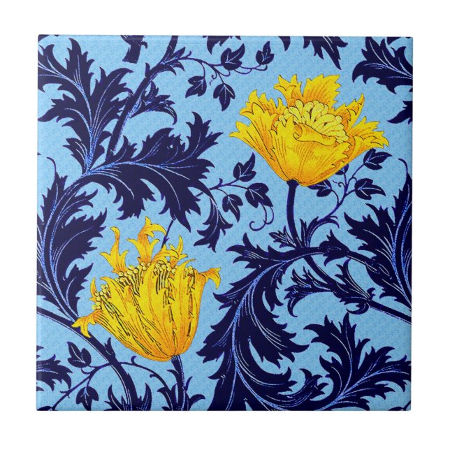 Azulejo William Morris Anemone, Naval y Amarillo mostaza (Frente)