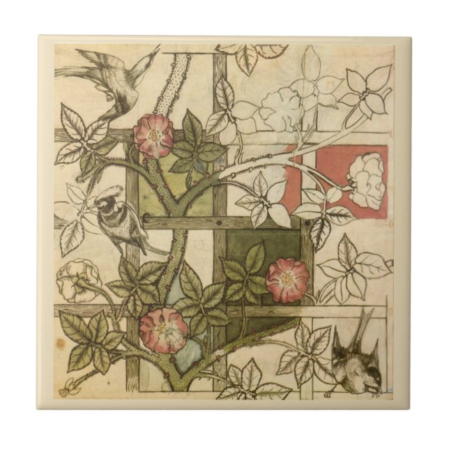 Azulejo William * Morris Birds Trellis Vines Olive Beige (Frente)