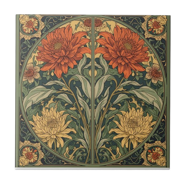 Azulejo  William Morris Chrysanthemums Floral Art Nouveau  (Frente)