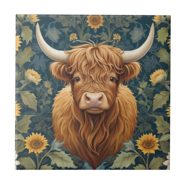 Azulejo William Morris estilo Highland Cow Yellow Sunflowe (Frente)