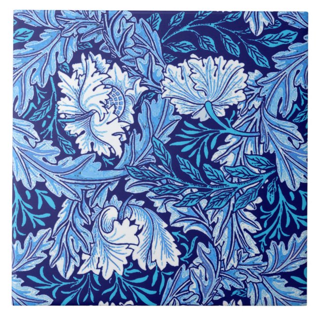 Azulejo William Morris floral, azul de cobalto y blanco (Frente)