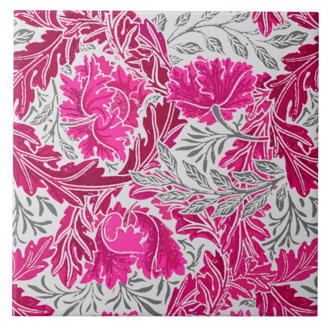 Azulejo William Morris Floral, Fuchsia Rosa y Gris / Gris (Frente)