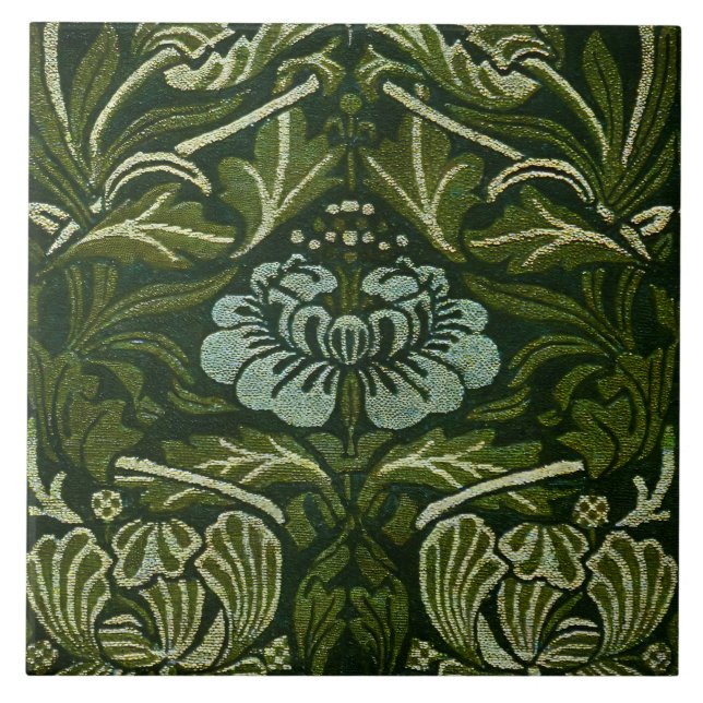 Azulejo William Morris Gran Hojas Verdes y Flor Azul (Frente)