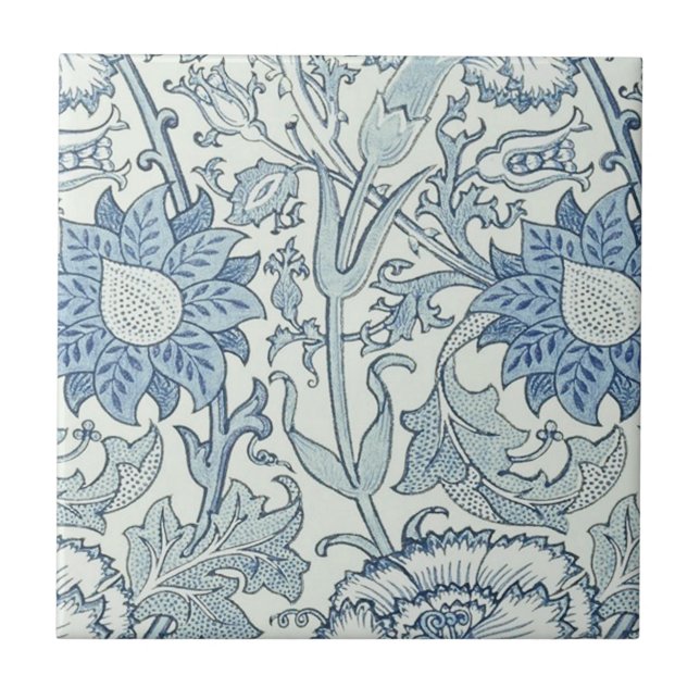 Azulejo William Morris Hermoso patrón floral, azul, rosa (Frente)