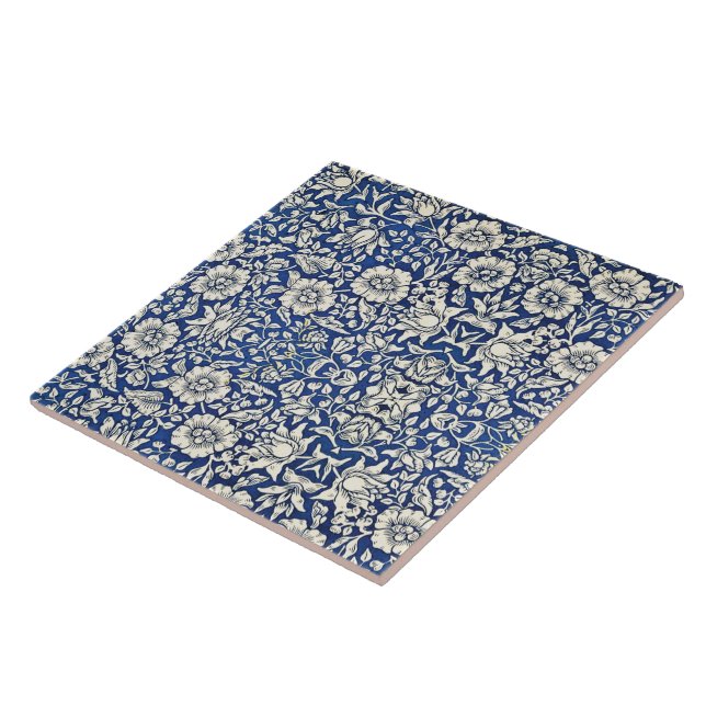 Azulejo William Morris Mallow Flores Azul Floral Blanco (Lado)