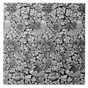 Azulejo William Morris "pájaro y anémona" en blanco y ne