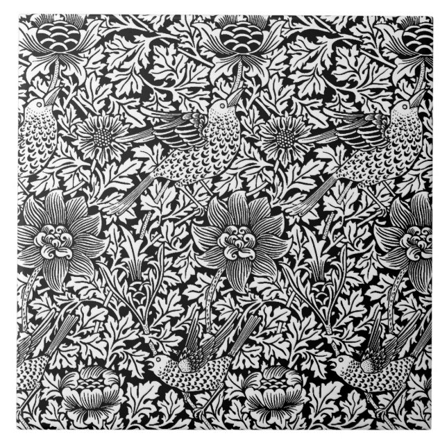 Azulejo William Morris "pájaro y anémona" en blanco y negr (Frente)