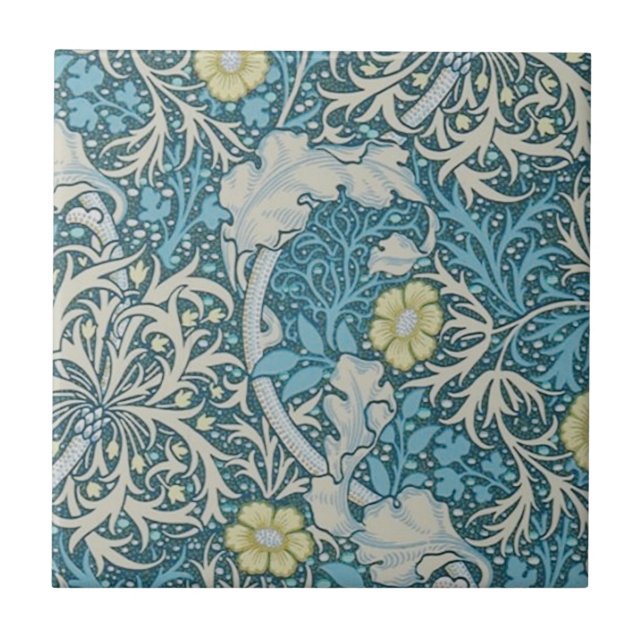 Azulejo William Morris, patrón Art Nouveau, algas, azul,f (Frente)