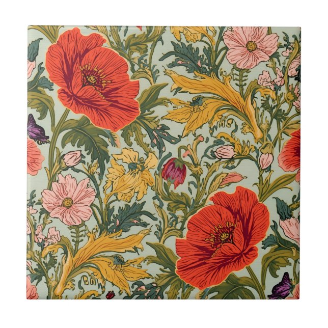 Azulejo William Morris Poppies Floral Art Nouveau Pattern  (Frente)