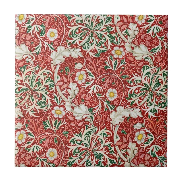 Azulejo William Morris Seaweed Flor antigua Verde Rojo (Frente)