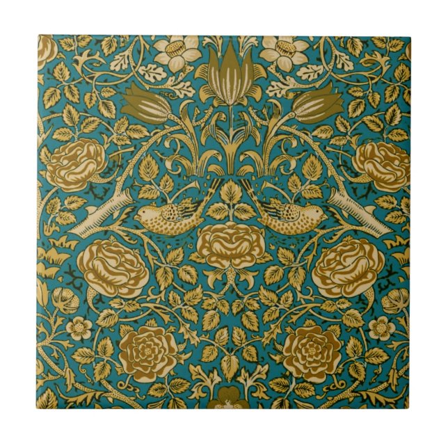 Azulejo William Morris Tudor Patrón Rosa Dorado Azul (Frente)
