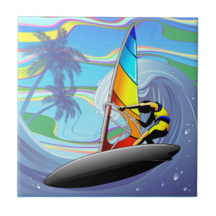 Azulejo WindSurfer sobre las olas del océano grande
