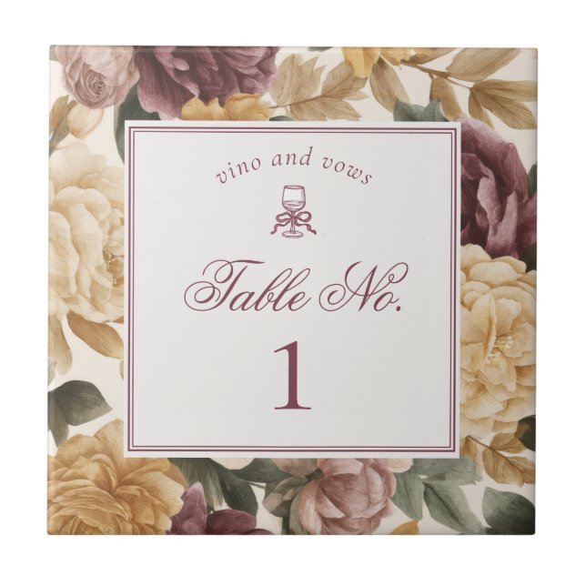 Azulejo Wine Vineyard Vintage Floral Wedding Table Number (Frente)