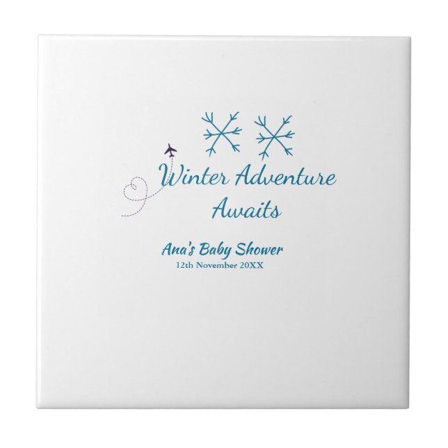 Azulejo Winter Adventure awaits baby shower blue snowflake (Frente)