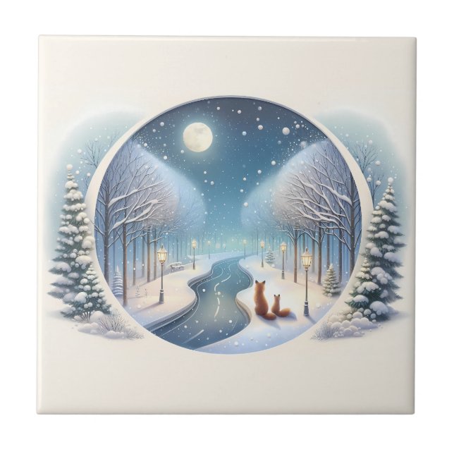 Azulejo Winter Foxes by Moonlit Snowy River (Frente)