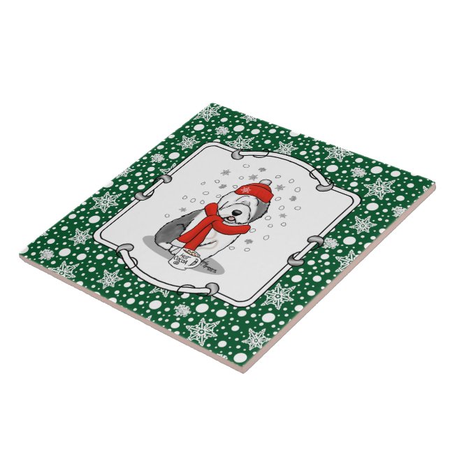 Azulejo Winter (rojo) Viejo perro pastor inglés gris 1 fer (Lado)