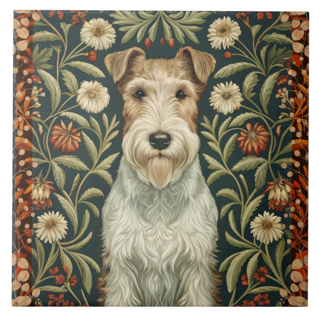 Azulejo Wire Fox Terrier in William Morris Floral Style (Frente)