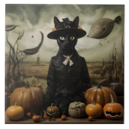 Azulejo Witch Cat with Pumpkins