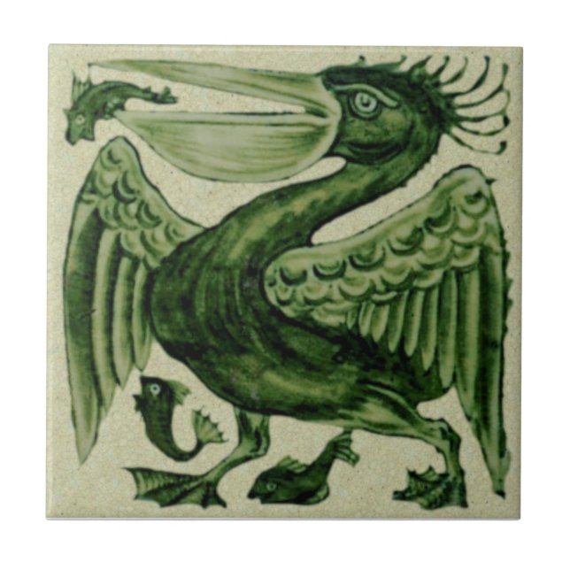 Azulejo Wm De Morgan Green Pelican Repro Cerámica Tile (Frente)