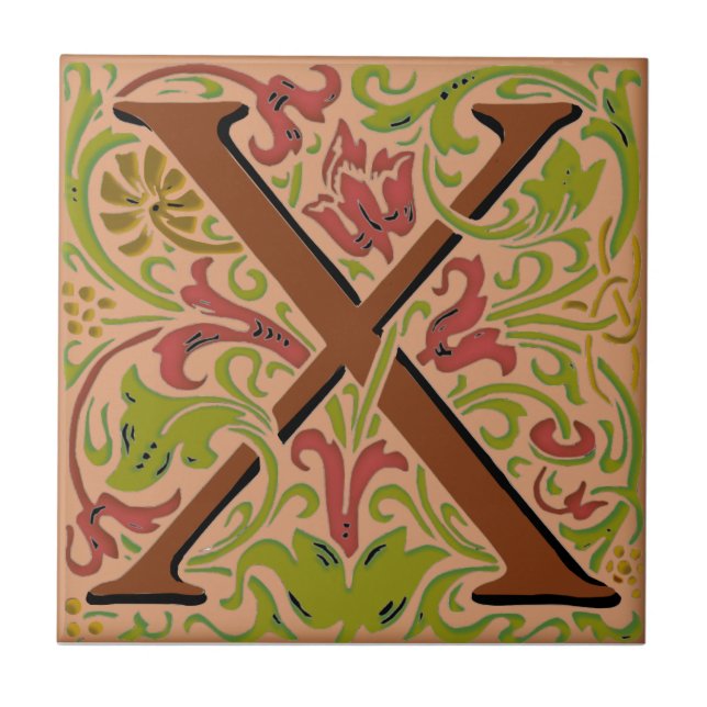 Azulejo Wm Morris Ornate Letra Inicial "X" Tile Cerámico (Frente)