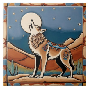 Azulejo Wolf Howling en Moon Southwestern Style Southwest