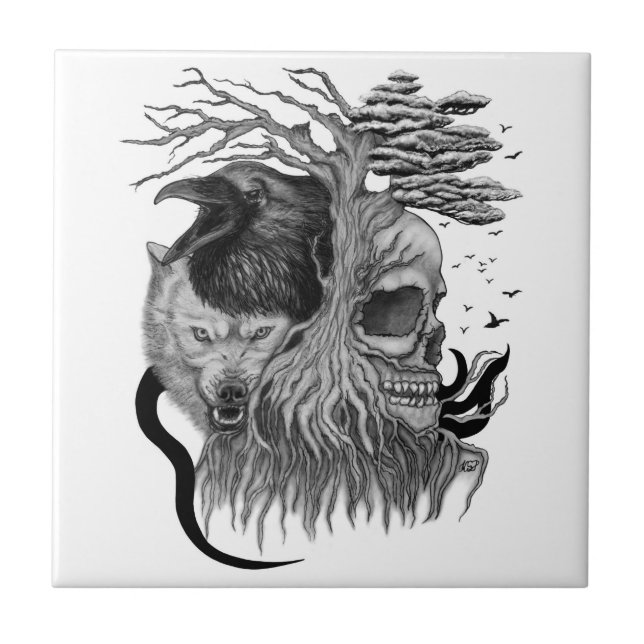 Azulejo Wolf y Raven con el cráneo (Frente)