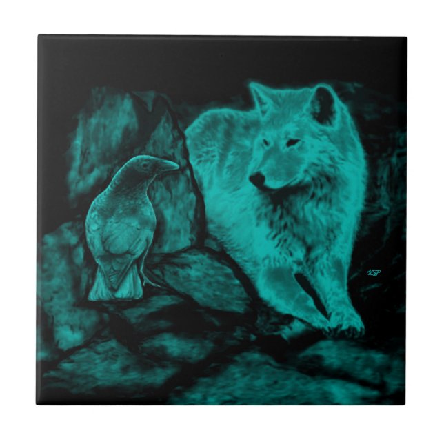 Azulejo Wolf y Raven en la noche (Frente)