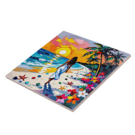 Azulejo Woman on Beach Tropical Scene