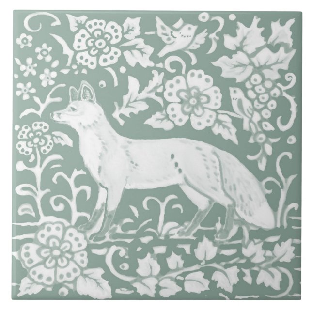 Azulejo Woodland Fox Sage Green Floral Nature Design (Frente)